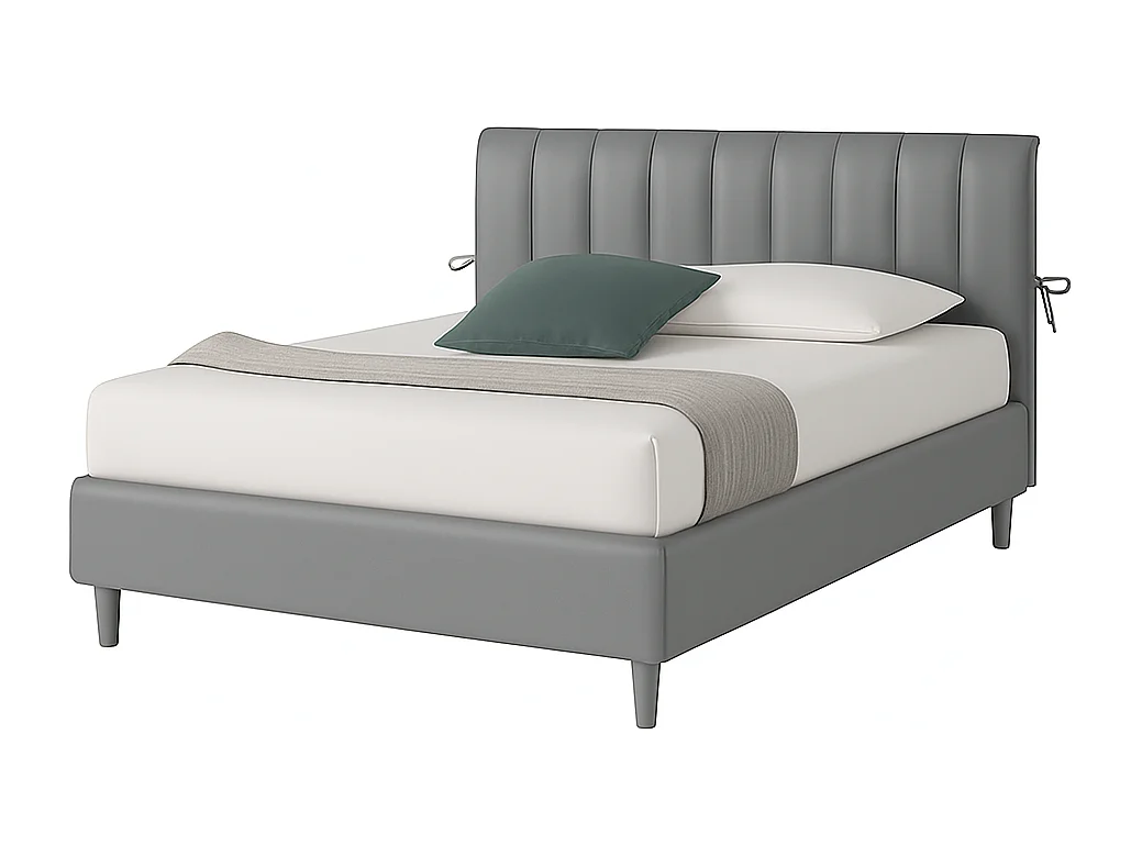 Dualia,  Letto alla Francese Con Rete Rivestimento Vegan Leather Easy Clean Grigio Chiaro  (155cm X 220cm X 120cm)| Duzzle