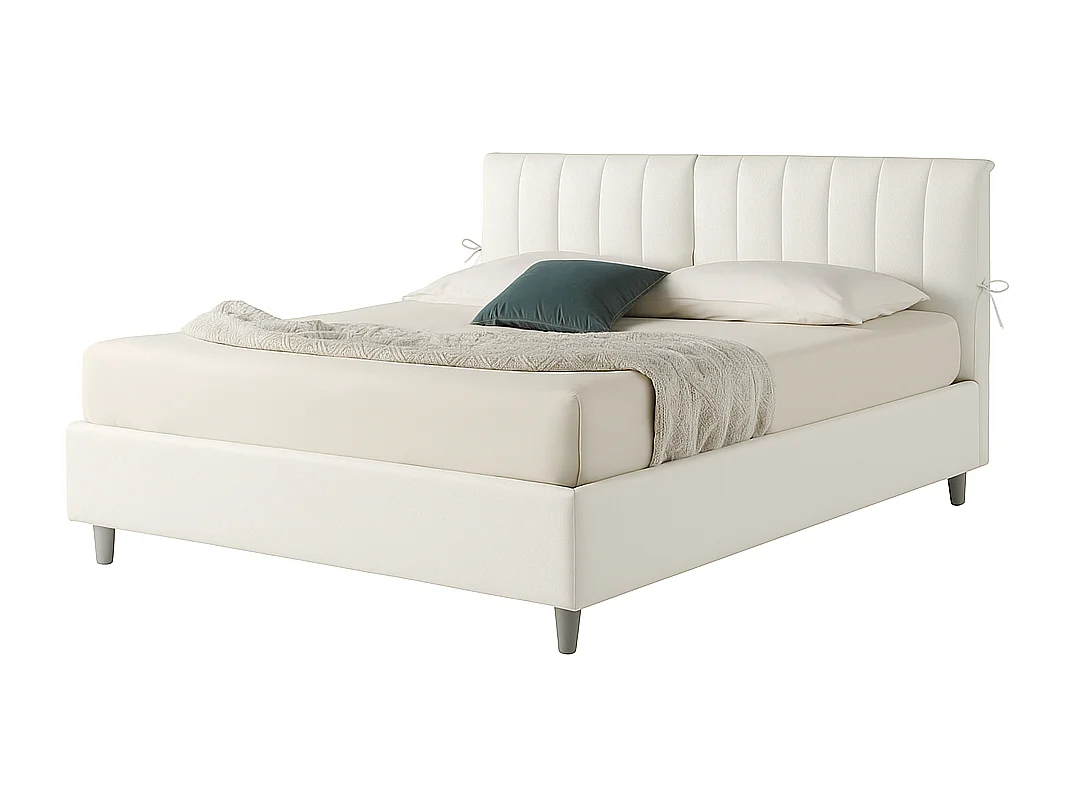 Dualia,  Letto Matrimoniale Con Rete Rivestimento Vegan Leather Easy Clean Bianco  (175cm X 220cm X 120cm)
