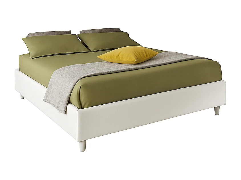 Lido,  Letto Matrimoniale Rivestimento Vegan Leather Easy Clean Bianco  (175cm X 220cm X 36cm)| Duzzle