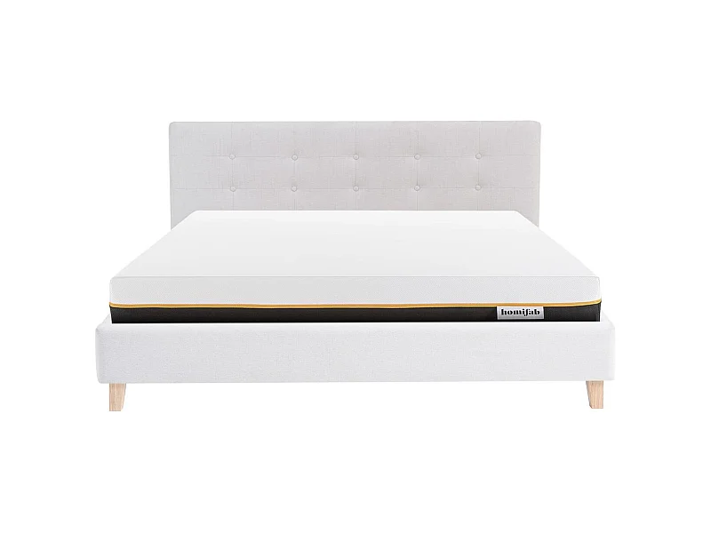 Ensemble Lit adulte 140x190cm avec tête de lit en tissu beige - Milo + Matelas mémoire de forme - Dual Confort