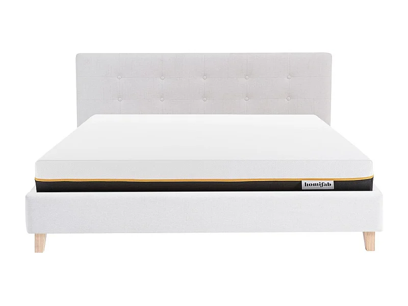 Ensemble Lit adulte 140x190cm avec tête de lit en tissu beige - Milo + Matelas mémoire de forme - Dual Confort