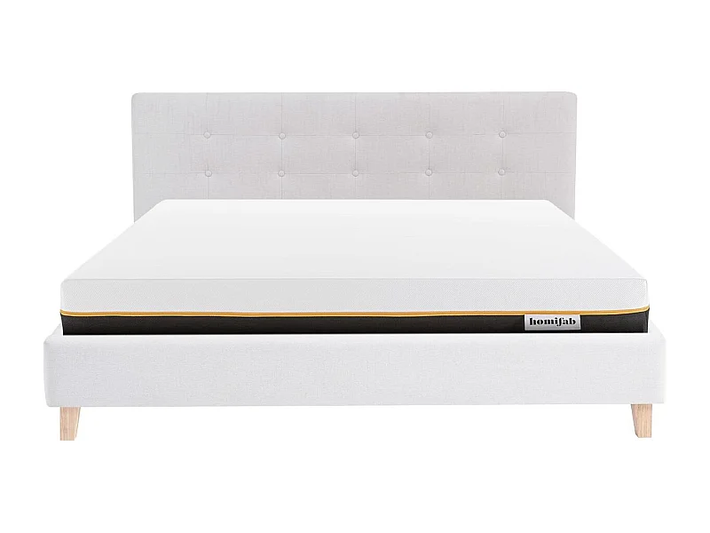 Ensemble Lit adulte 160x200cm avec tête de lit en tissu beige - Milo + Matelas mémoire de forme - Dual Confort