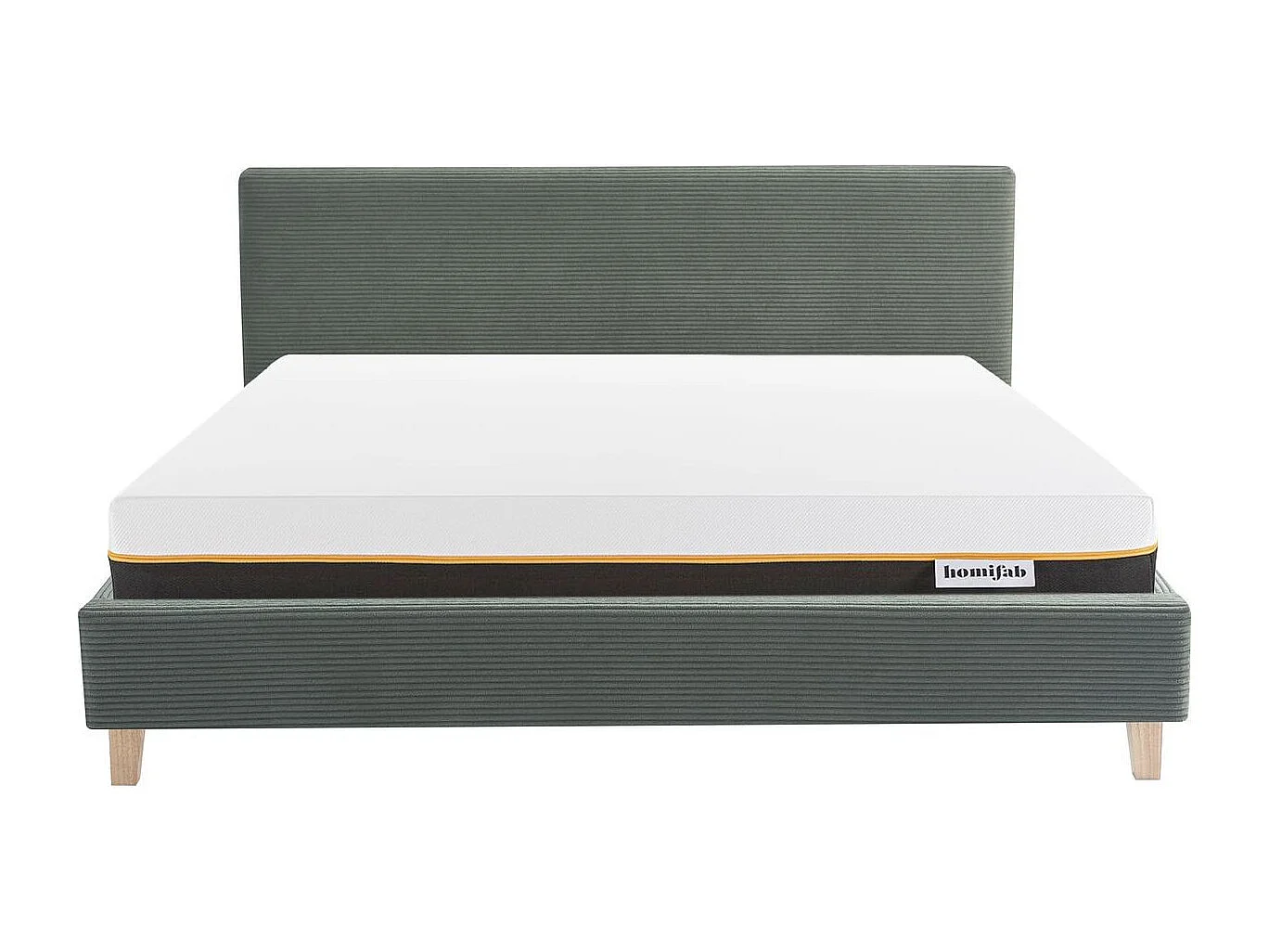 Ensemble Lit adulte 160x200cm avec tête de lit en velours côtelé vert kaki - Milo + Matelas mémoire de forme - Dual Confort