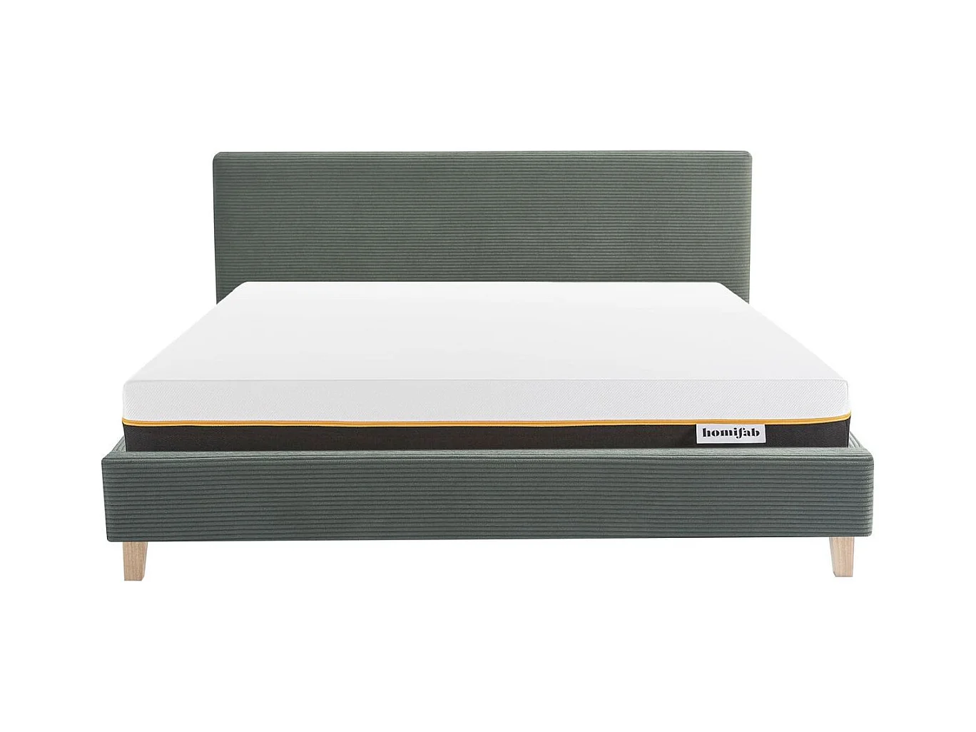 Ensemble Lit adulte 140x190cm avec tête de lit en velours côtelé vert kaki - Milo + Matelas mémoire de forme - Dual Confort