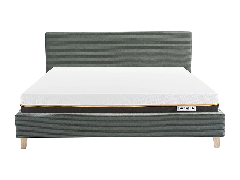 Ensemble Lit adulte 140x190cm avec tête de lit en velours côtelé vert kaki - Milo + Matelas mémoire de forme - Dual Confort