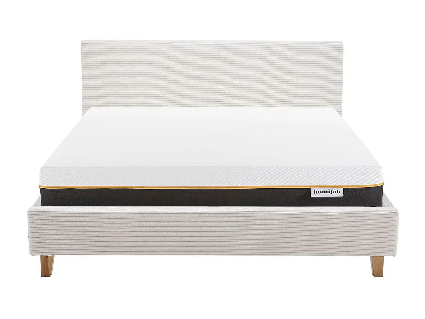 Ensemble Lit adulte 160x200cm avec tête de lit en velours côtelé beige - Milo + Matelas mémoire de forme - Dual Confort