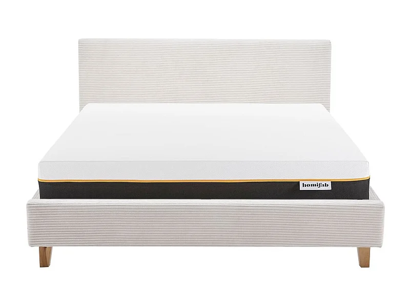 Ensemble Lit adulte 180x200cm avec tête de lit en velours côtelé beige - Milo + Matelas mémoire de forme - Dual Confort