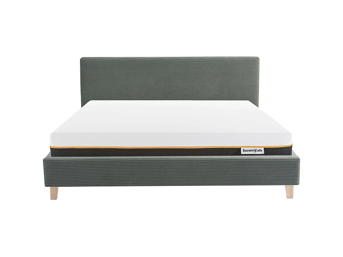 Ensemble Lit adulte 180x200cm avec tête de lit en velours côtelé vert kaki - Milo + Matelas mémoire de forme - Dual Confort