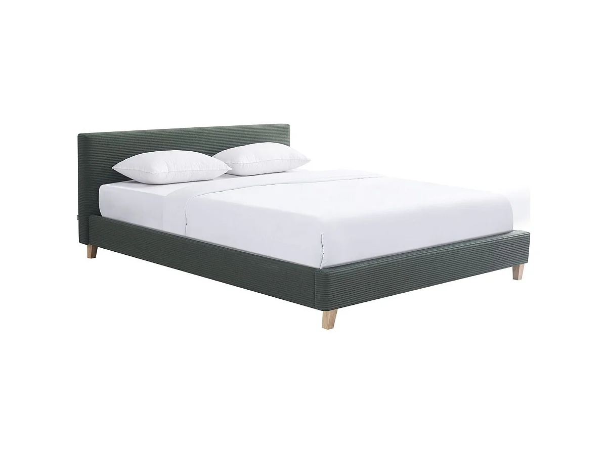 Ensemble Lit adulte 180x200cm avec tête de lit en velours côtelé vert kaki - Milo + Matelas mémoire de forme - Dual Confort