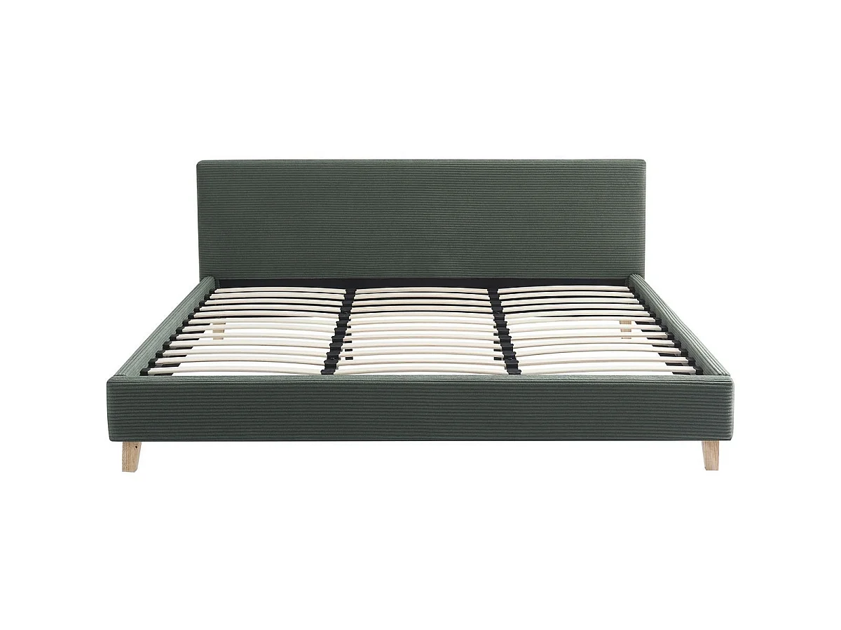 Ensemble Lit adulte 180x200cm avec tête de lit en velours côtelé vert kaki - Milo + Matelas mémoire de forme - Dual Confort