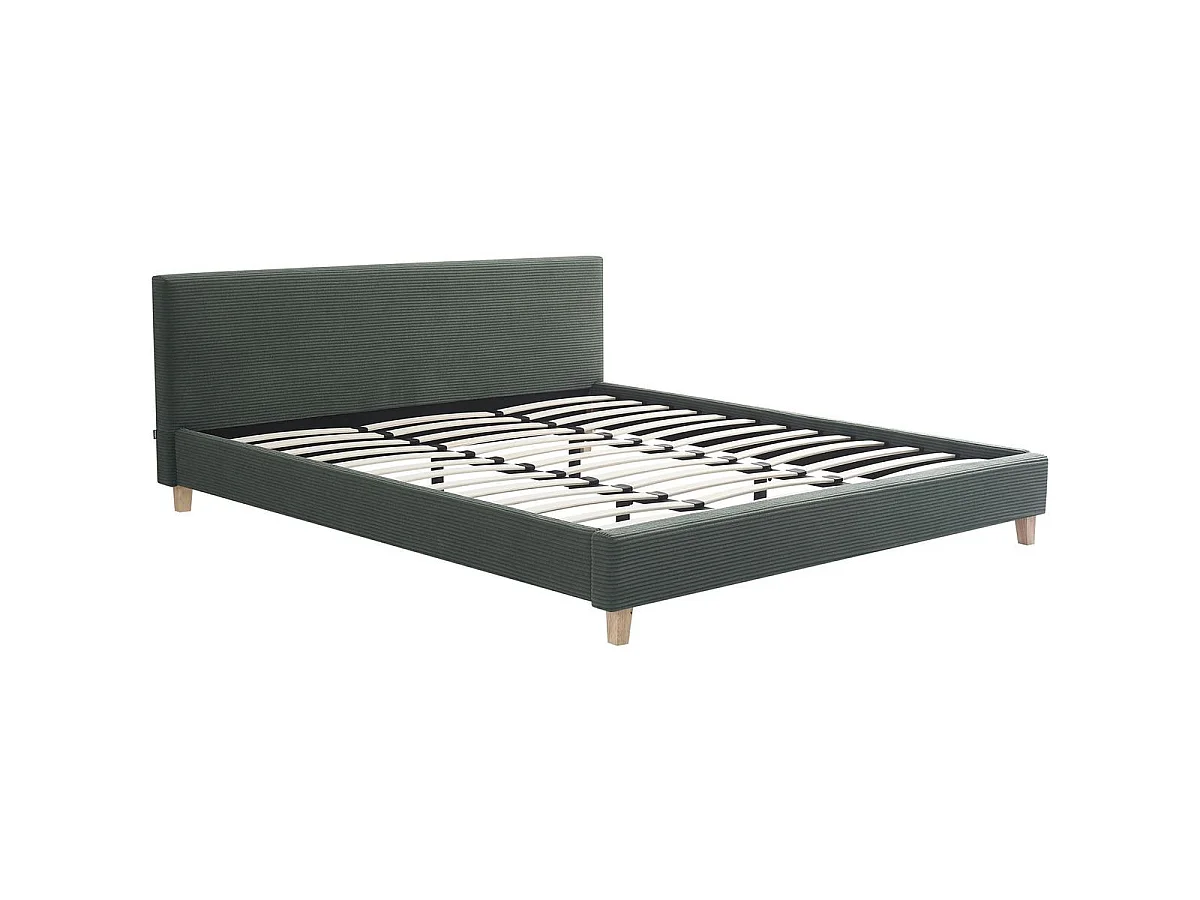 Ensemble Lit adulte 180x200cm avec tête de lit en velours côtelé vert kaki - Milo + Matelas mémoire de forme - Dual Confort