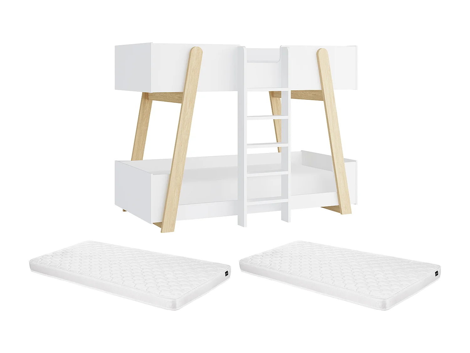 Lit superposés 90 x 190 cm - Blanc et naturel + Matelas - CORODELA