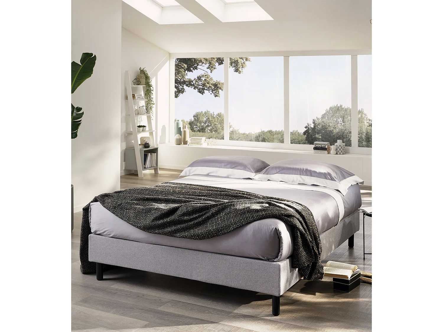 Sommy,  Letto One Box Matrimoniale Tessuto Grigio Chiaro (160cm X 195cm X 35cm)