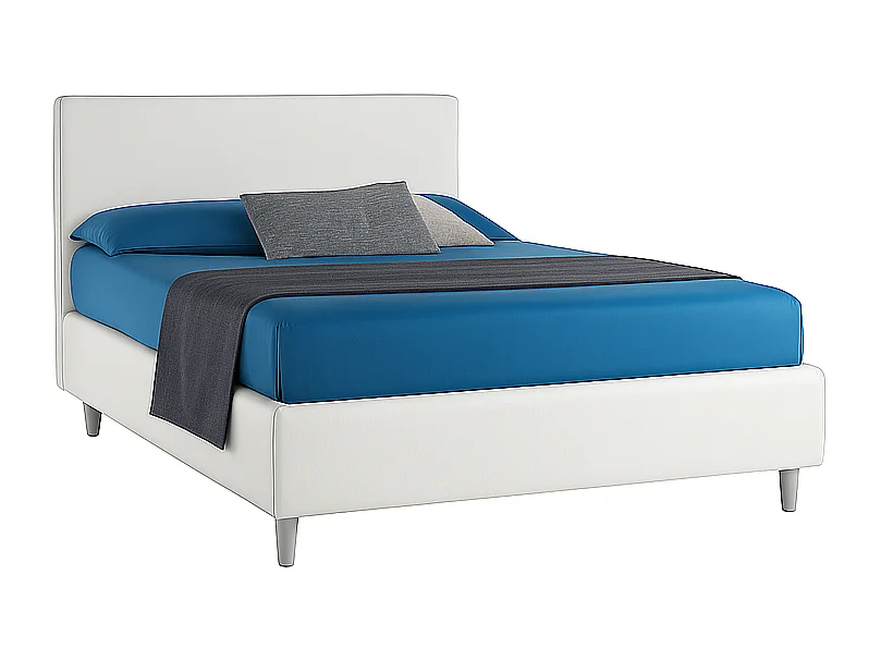 Vela,  Letto alla Francese Rivestimento Vegan Leather Easy Clean Bianco  (155cm X 225cm X 120cm)| Duzzle