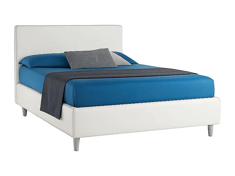 Vela,  Letto alla Francese Rivestimento Vegan Leather Easy Clean Bianco  (155cm X 225cm X 120cm)| Duzzle