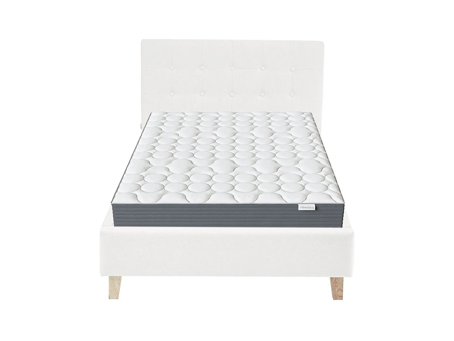 Ensemble Lit adulte 90x190cm avec tête de lit en tissu beige - Milo + Matelas mémoire de forme - Memo HR