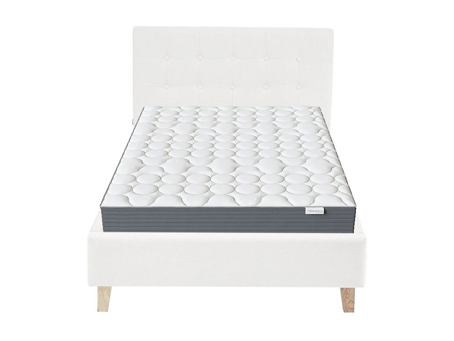 Ensemble Lit adulte 90x190cm avec tête de lit en tissu beige - Milo + Matelas mémoire de forme - Memo HR