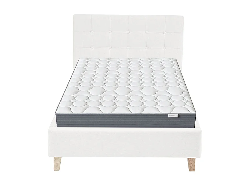 Ensemble Lit adulte 90x190cm avec tête de lit en tissu beige - Milo + Matelas mémoire de forme - Memo HR