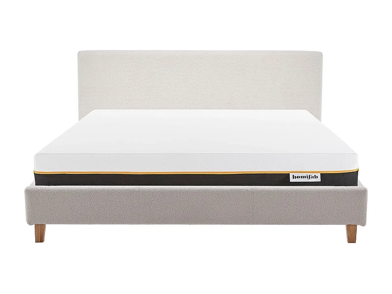 Ensemble Lit adulte 160x200cm avec tête de lit en tissu bouclé beige - Milo + Matelas mémoire de forme - Dual Confort