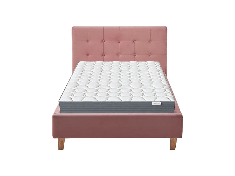 Ensemble Lit adulte 90x190cm avec tête de lit en velours vieux rose - Milo + Matelas mémoire de forme - Memo HR
