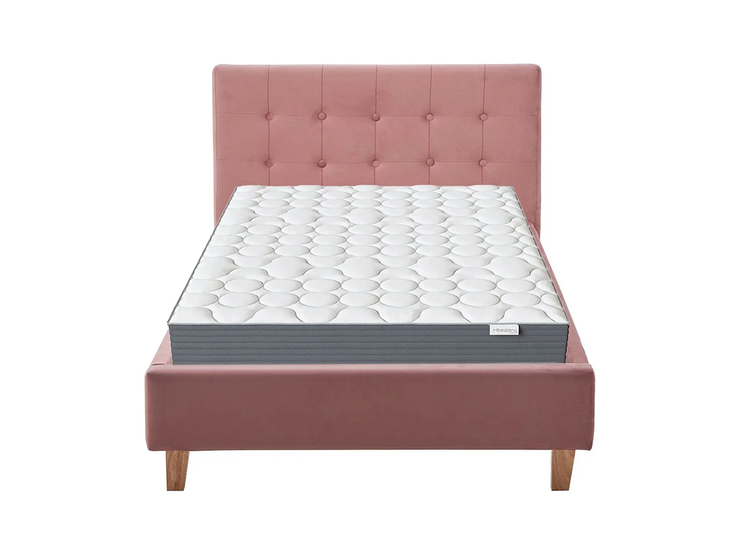 Ensemble Lit adulte 90x190cm avec tête de lit en velours vieux rose - Milo + Matelas mémoire de forme - Memo HR