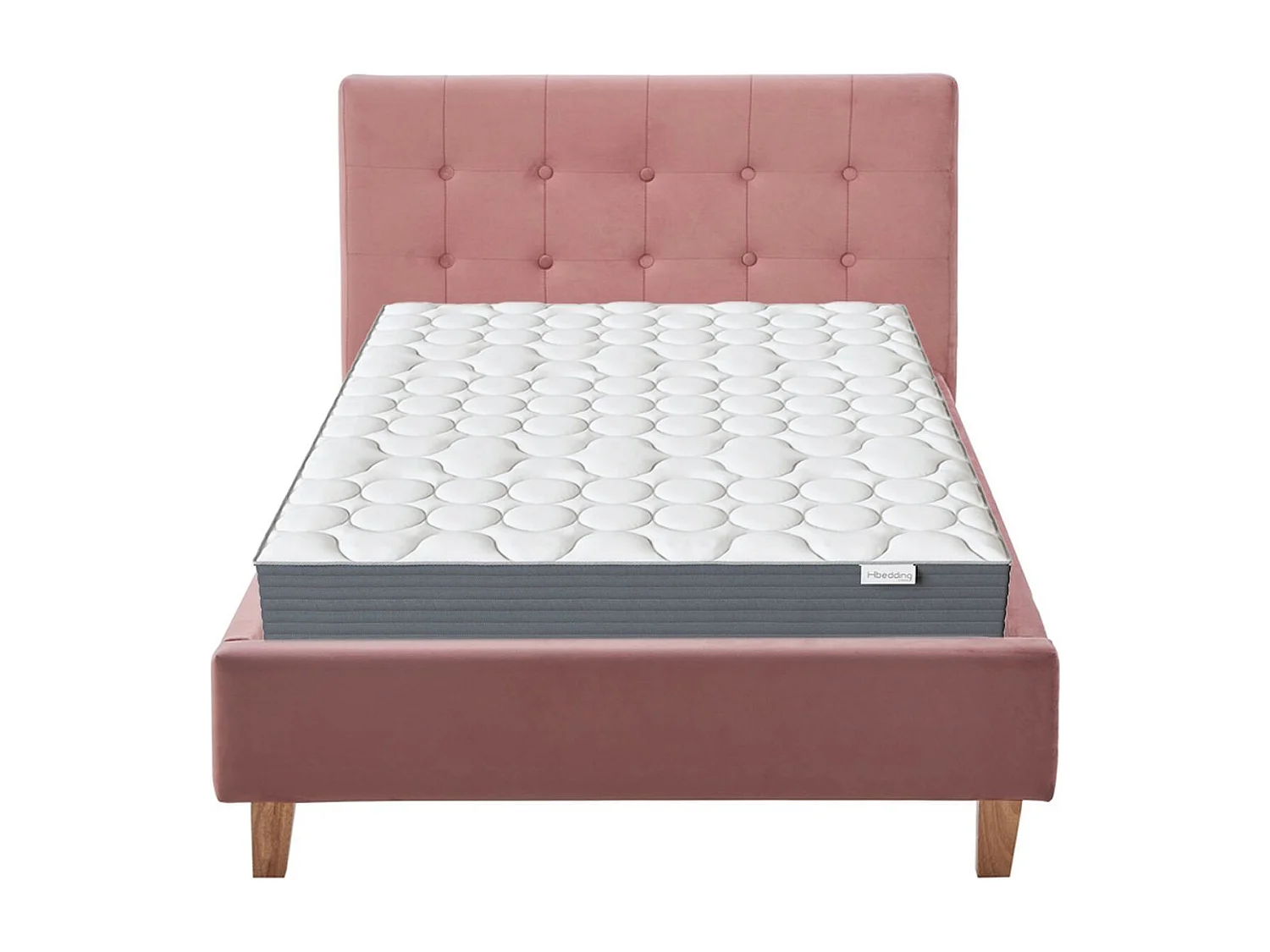 Ensemble Lit adulte 90x190cm avec tête de lit en velours vieux rose - Milo + Matelas mémoire de forme - Memo HR