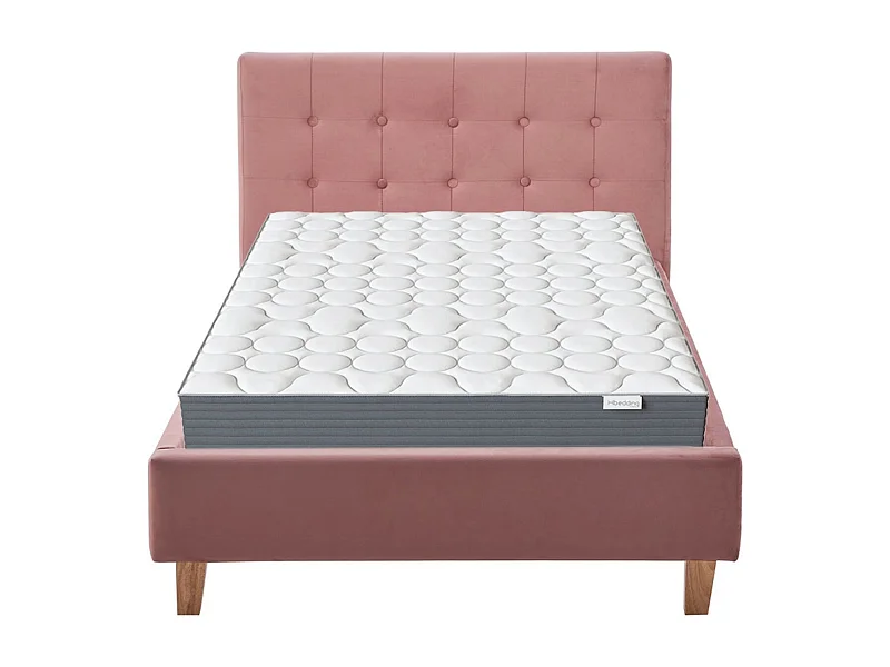 Ensemble Lit adulte 90x190cm avec tête de lit en velours vieux rose - Milo + Matelas mémoire de forme - Memo HR