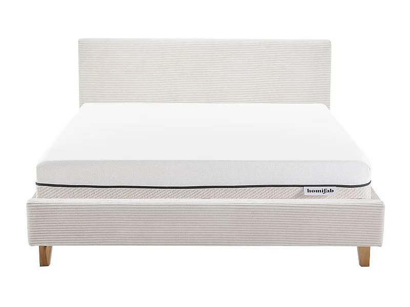 Ensemble Lit adulte 140x190cm avec tête de lit en velours côtelé beige - Milo + Matelas ressorts ensachés - Spring Elite