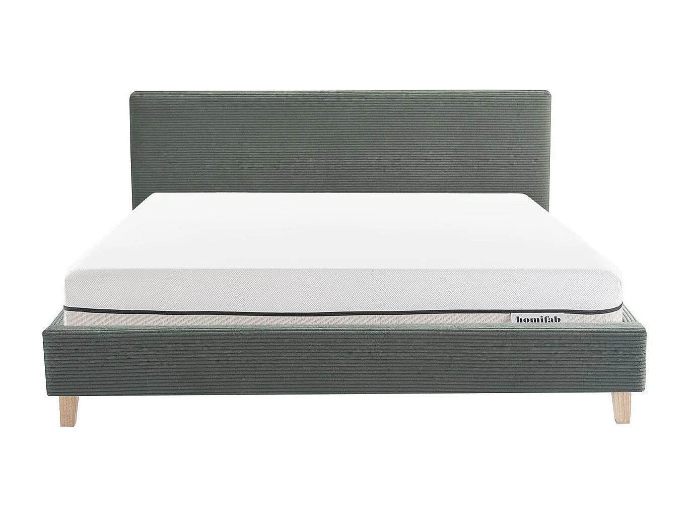 Ensemble Lit adulte 160x200cm avec tête de lit en velours côtelé vert kaki - Milo + Matelas ressorts ensachés - Spring Elite