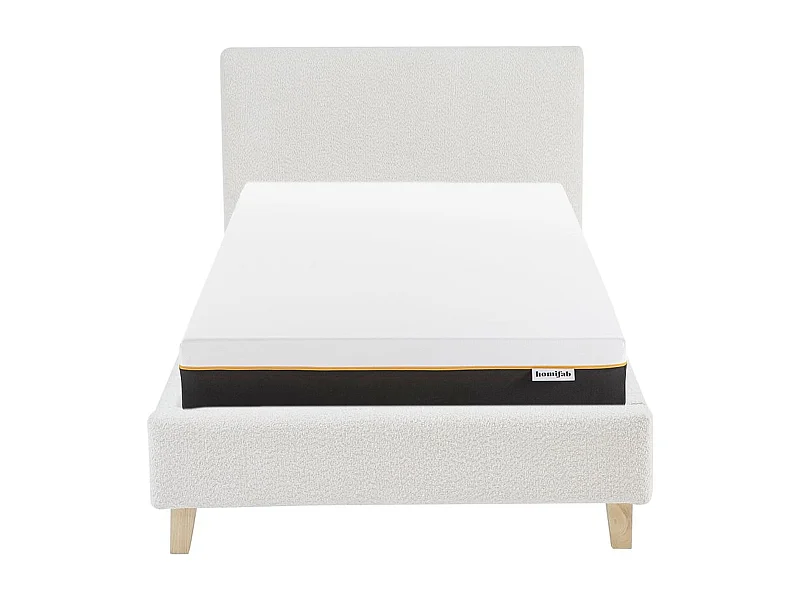 Ensemble Lit adulte 90x190cm avec tête de lit en tissu bouclé beige - Milo + Matelas mémoire de forme - Dual Confort