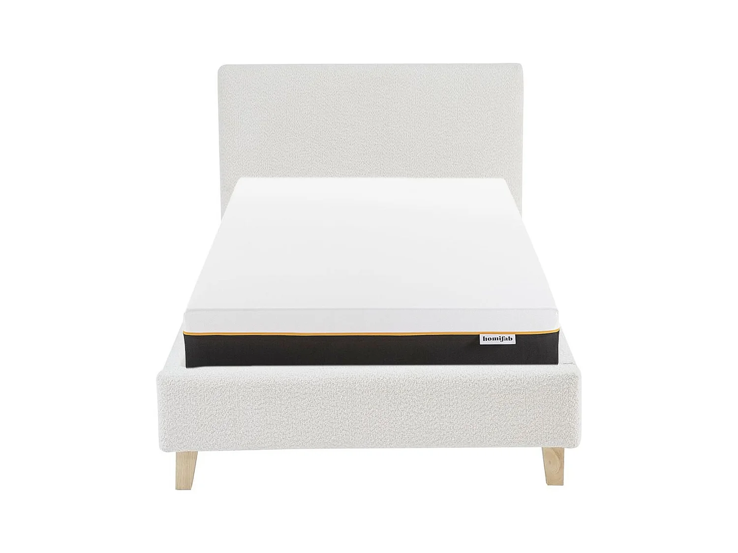 Ensemble Lit adulte 90x190cm avec tête de lit en tissu bouclé beige - Milo + Matelas mémoire de forme - Dual Confort