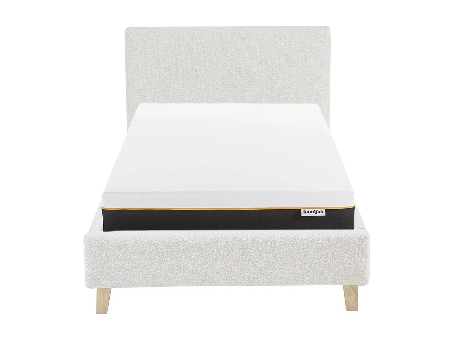 Ensemble Lit adulte 90x190cm avec tête de lit en tissu bouclé beige - Milo + Matelas mémoire de forme - Dual Confort