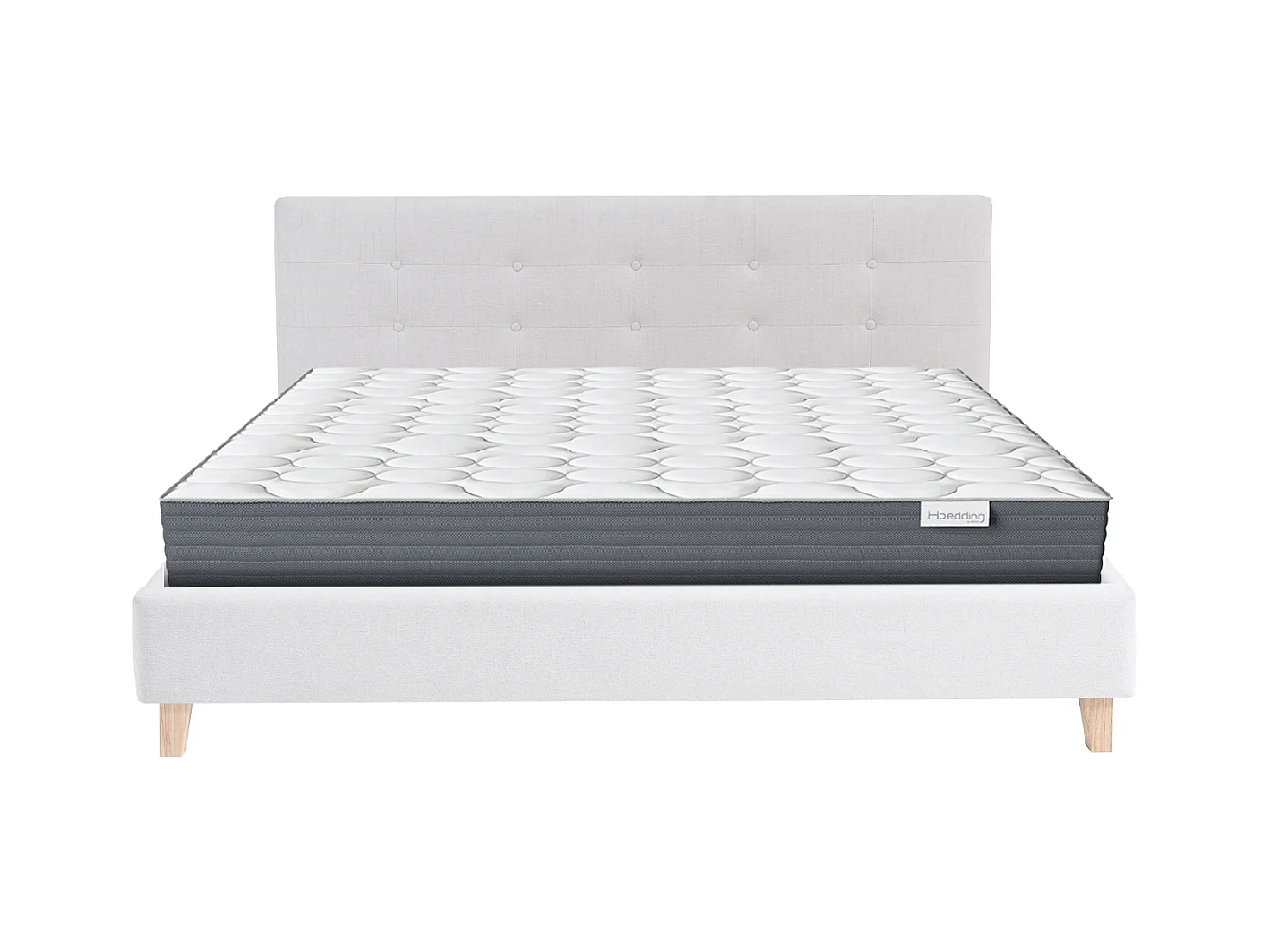 Ensemble Lit adulte 140x190cm avec tête de lit en tissu beige - Milo + Matelas mémoire de forme - Memo HR