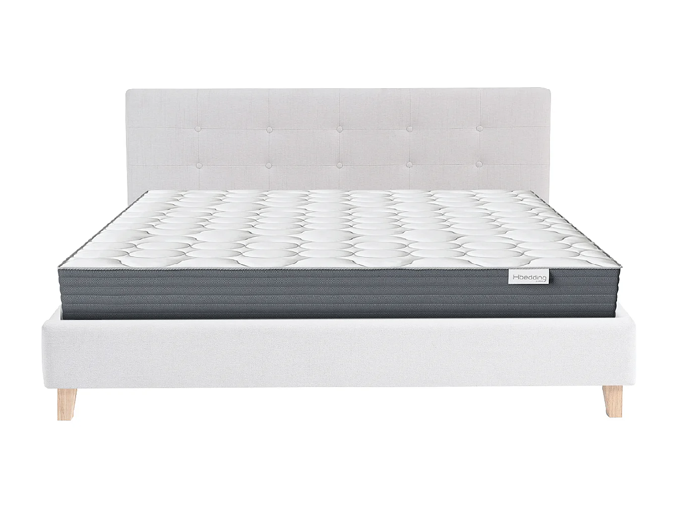 Ensemble Lit adulte 140x190cm avec tête de lit en tissu beige - Milo + Matelas mémoire de forme - Memo HR