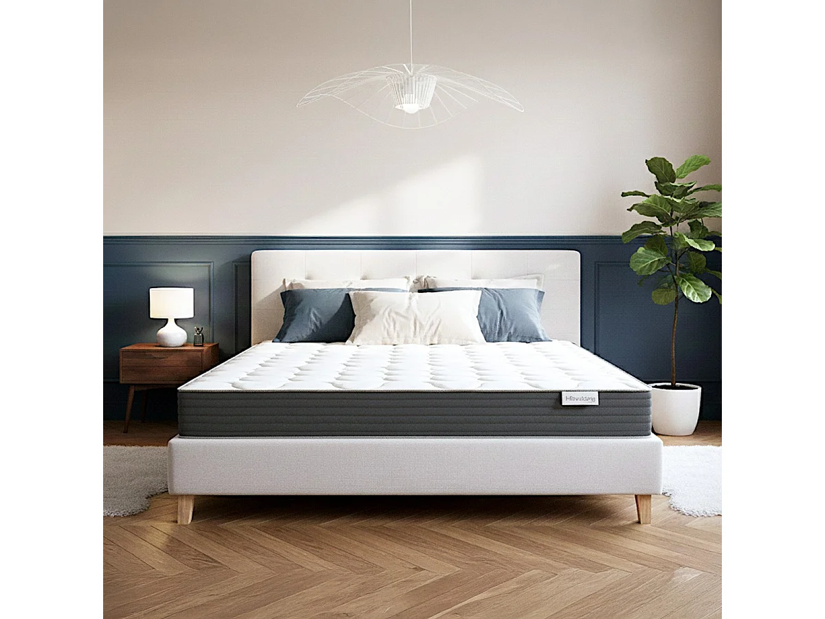 Ensemble Lit adulte 140x190cm avec tête de lit en tissu beige - Milo + Matelas mémoire de forme - Memo HR