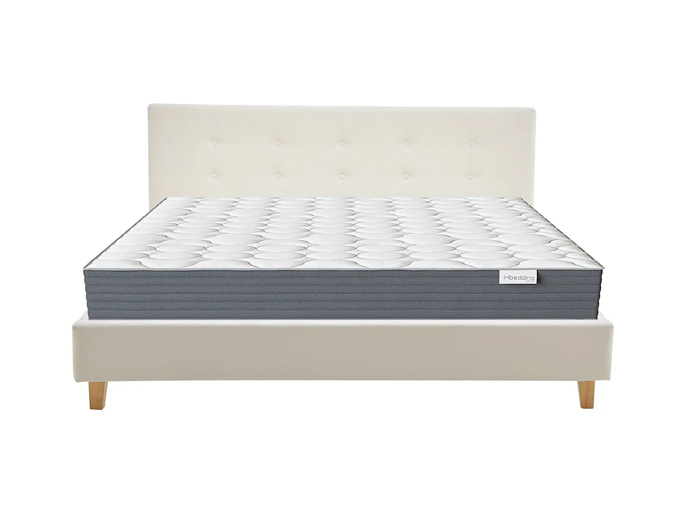 Ensemble Lit adulte 160x200cm avec tête de lit en velours beige - Milo + Matelas mémoire de forme - Memo HR