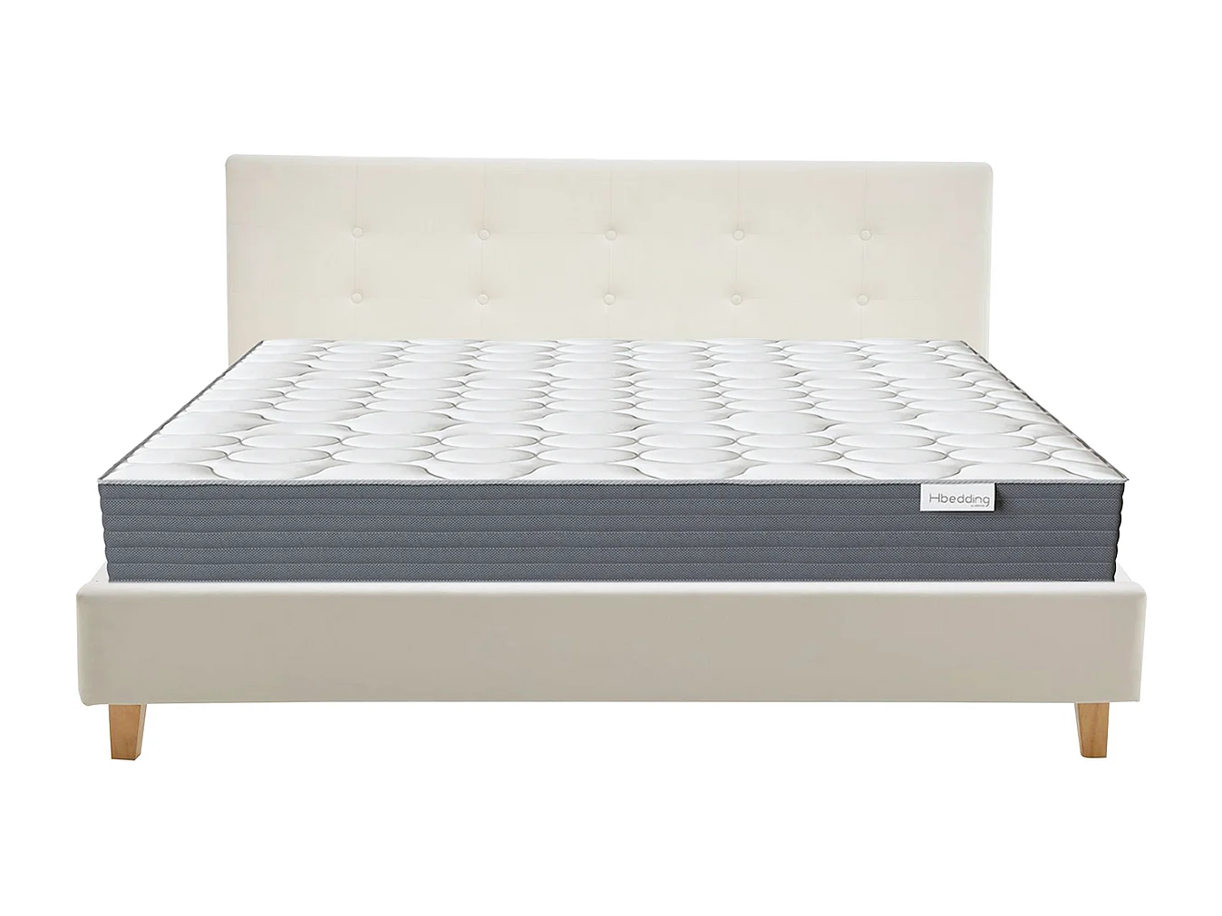Ensemble Lit adulte 160x200cm avec tête de lit en velours beige - Milo + Matelas mémoire de forme - Memo HR