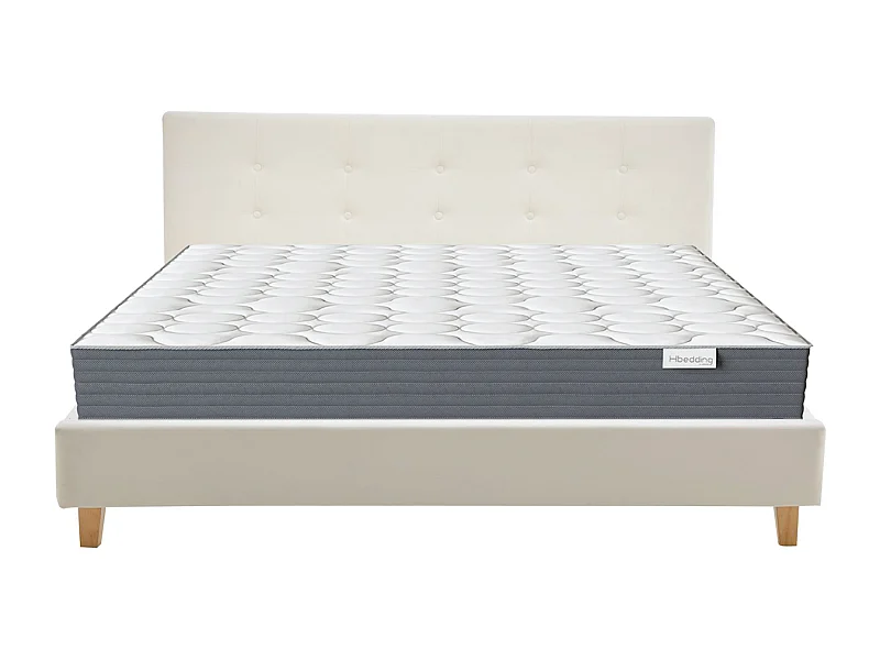 Ensemble Lit adulte 160x200cm avec tête de lit en velours beige - Milo + Matelas mémoire de forme - Memo HR