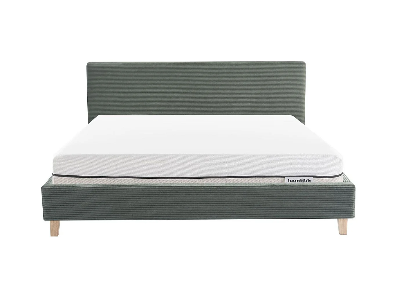 Ensemble Lit adulte 180x200cm avec tête de lit en velours côtelé vert kaki - Milo + Matelas ressorts ensachés - Spring Elite