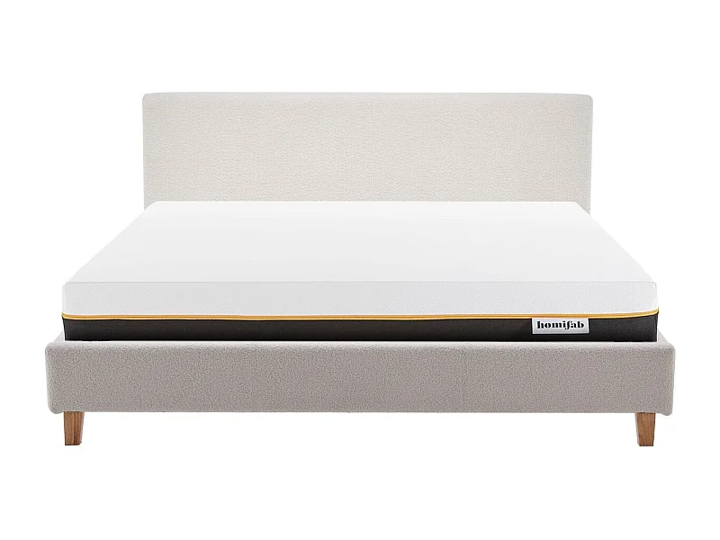 Ensemble Lit adulte 140x190cm avec tête de lit en tissu bouclé beige - Milo + Matelas mémoire de forme - Dual Confort