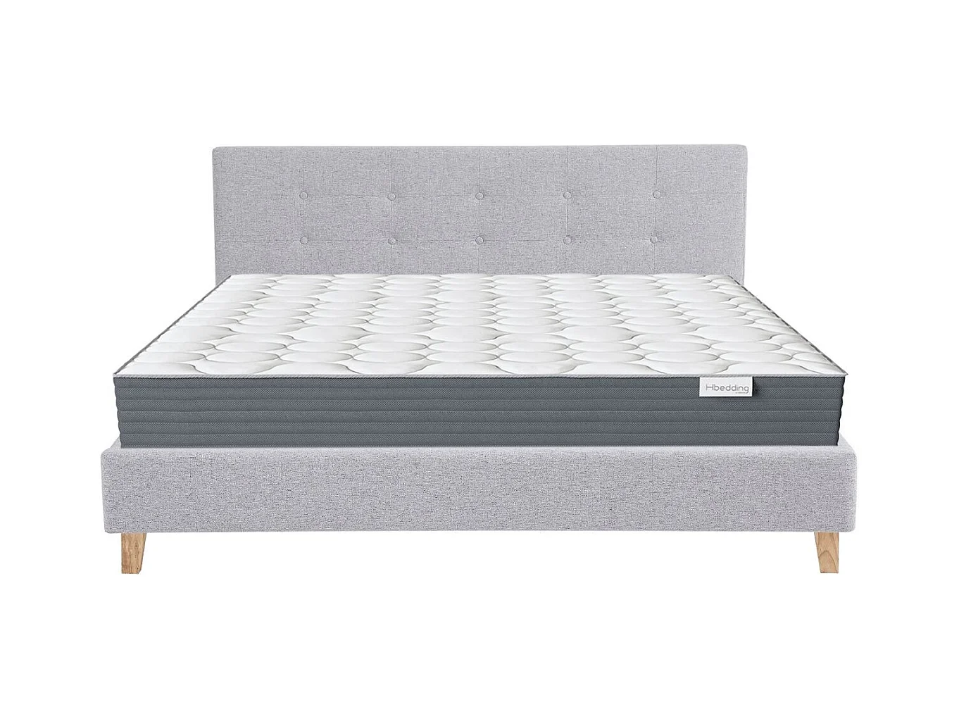 Ensemble Lit adulte 160x200cm avec tête de lit en tissu gris chiné - Milo + Matelas mémoire de forme - Memo HR