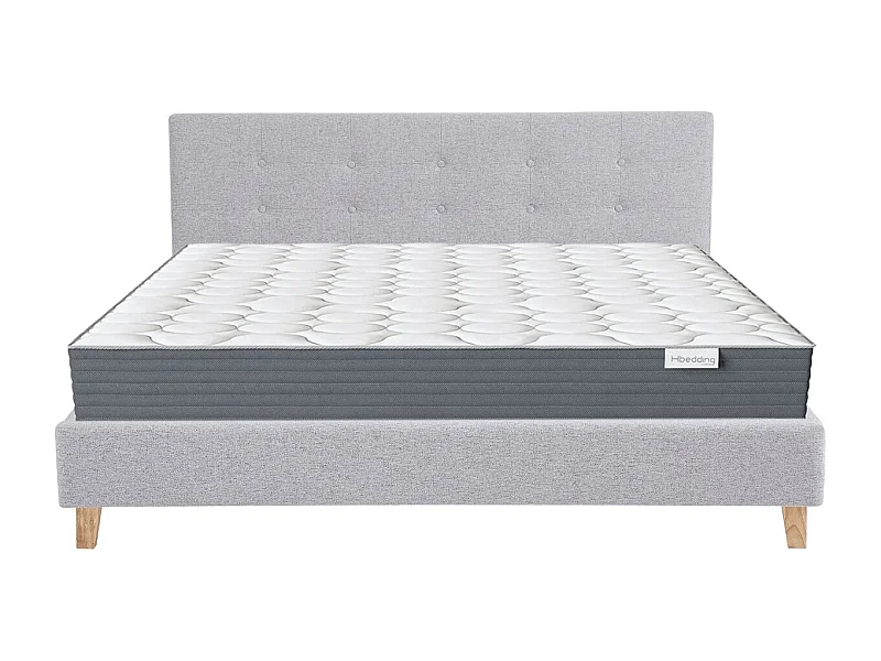 Ensemble Lit adulte 160x200cm avec tête de lit en tissu gris chiné - Milo + Matelas mémoire de forme - Memo HR