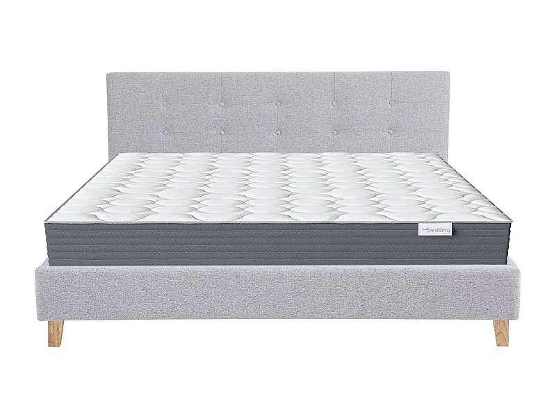 Ensemble Lit adulte 140x190cm avec tête de lit en tissu gris chiné - Milo + Matelas mémoire de forme - Memo HR
