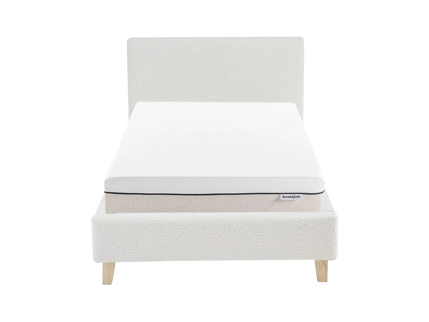 Ensemble Lit adulte 90x190cm avec tête de lit en tissu bouclé beige - Milo + Matelas ressorts ensachés - Spring Elite