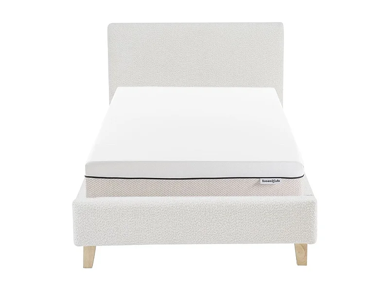 Ensemble Lit adulte 90x190cm avec tête de lit en tissu bouclé beige - Milo + Matelas ressorts ensachés - Spring Elite