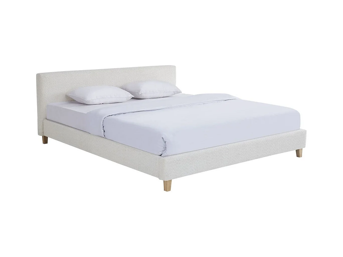 Ensemble Lit adulte 160x200cm avec tête de lit en tissu bouclé beige - Milo + Matelas ressorts ensachés - Spring Elite