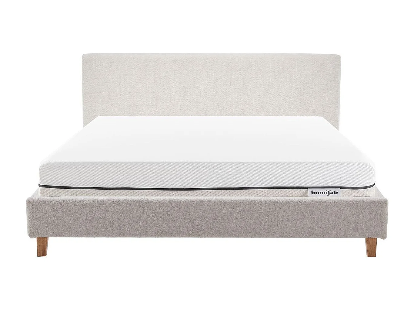 Ensemble Lit adulte 160x200cm avec tête de lit en tissu bouclé beige - Milo + Matelas ressorts ensachés - Spring Elite