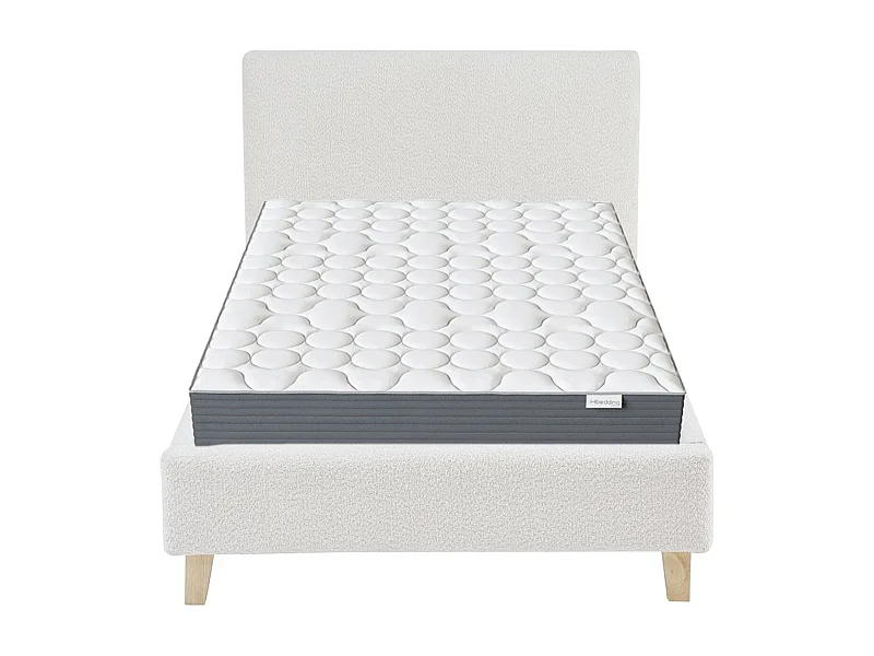 Ensemble Lit adulte 140x190cm avec tête de lit en velours beige - Milo + Matelas mémoire de forme - Memo HR