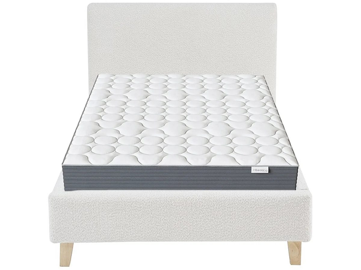 Ensemble Lit adulte 140x190cm avec tête de lit en velours beige - Milo + Matelas mémoire de forme - Memo HR