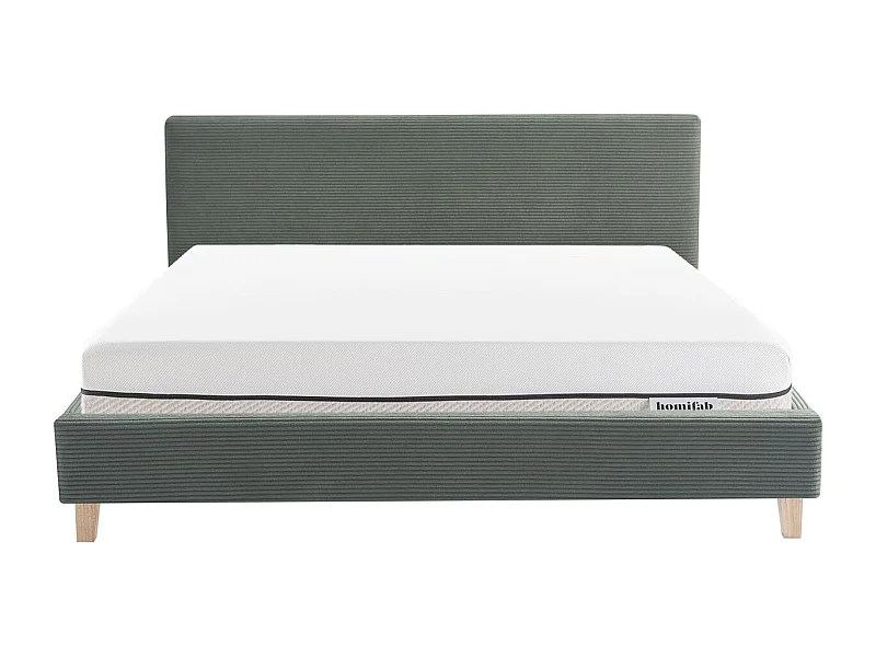 Ensemble Lit adulte 140x190cm avec tête de lit en velours côtelé vert kaki - Milo + Matelas ressorts ensachés - Spring Elite